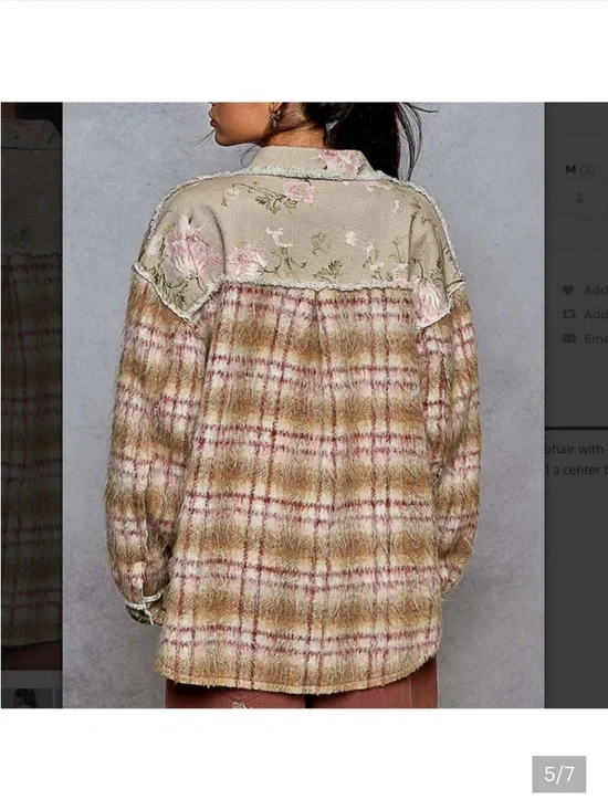 #192 POL New Plaid Fuzzy Shacket with Floral Patch Pockets - Pink, Beige - Picture 6 of 8